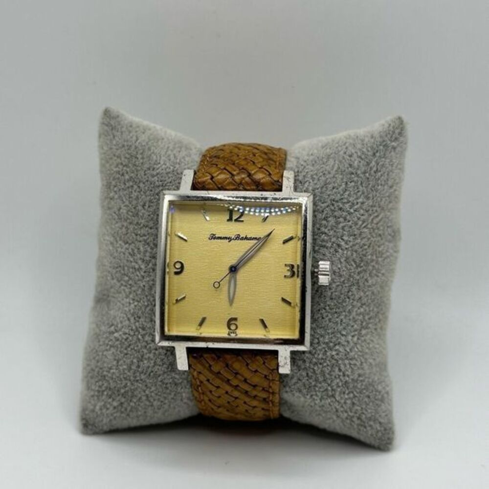 Light Brown Tommy Bahama Woven Faux Leather Band Square Face Watch